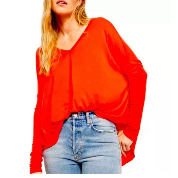 Free People Moonshine Tunic Top Women Size M Red Orange Oversized Stretch Knit - Picture 1 of 16